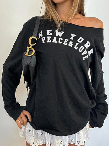 Retro Letter Print Oversized Long Sleeve Tee