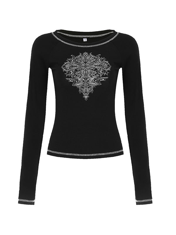 Black Vintage Print Long Sleeves Tee