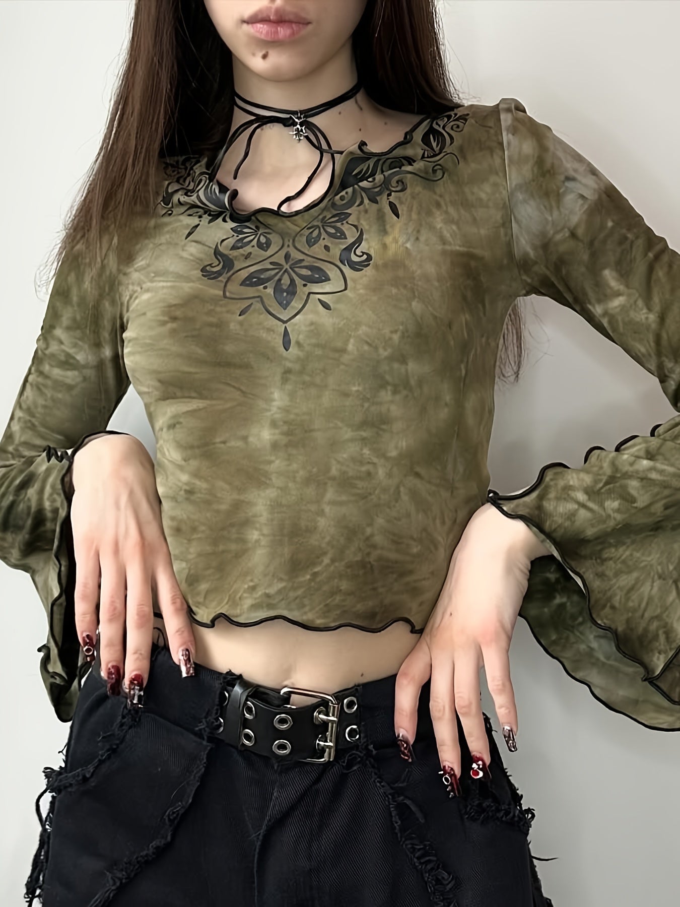 Tie Dye Flare Sleeve T-shirt, Y2K Notched Neck Lettuce Trim Long Sleeve Top For & Fall, Clothing