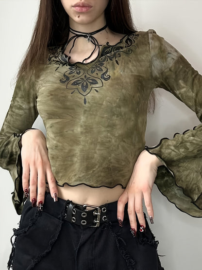 Tie Dye Flare Sleeve T-shirt, Y2K Notched Neck Lettuce Trim Long Sleeve Top For & Fall, Clothing