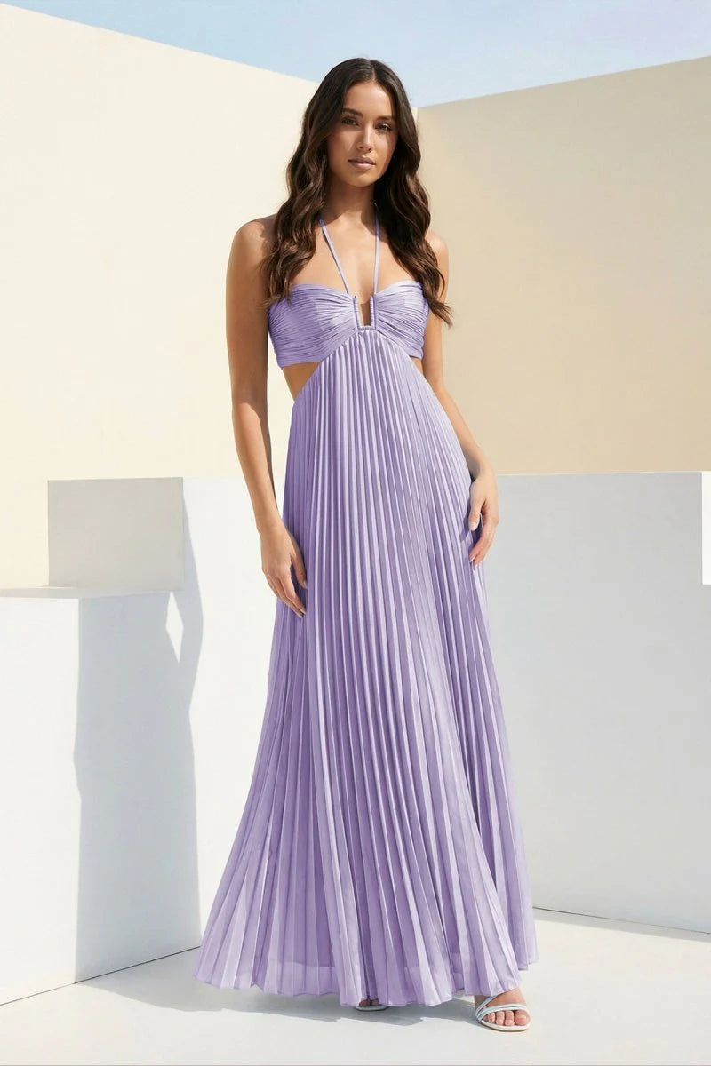 Sky Blue Halter Pleated Satin A Line Prom Dresses With Cutout
