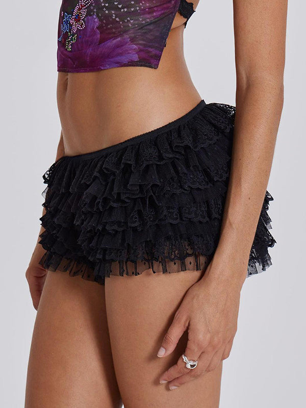 Low Rise Lace Frill Trim Tiered Shorts