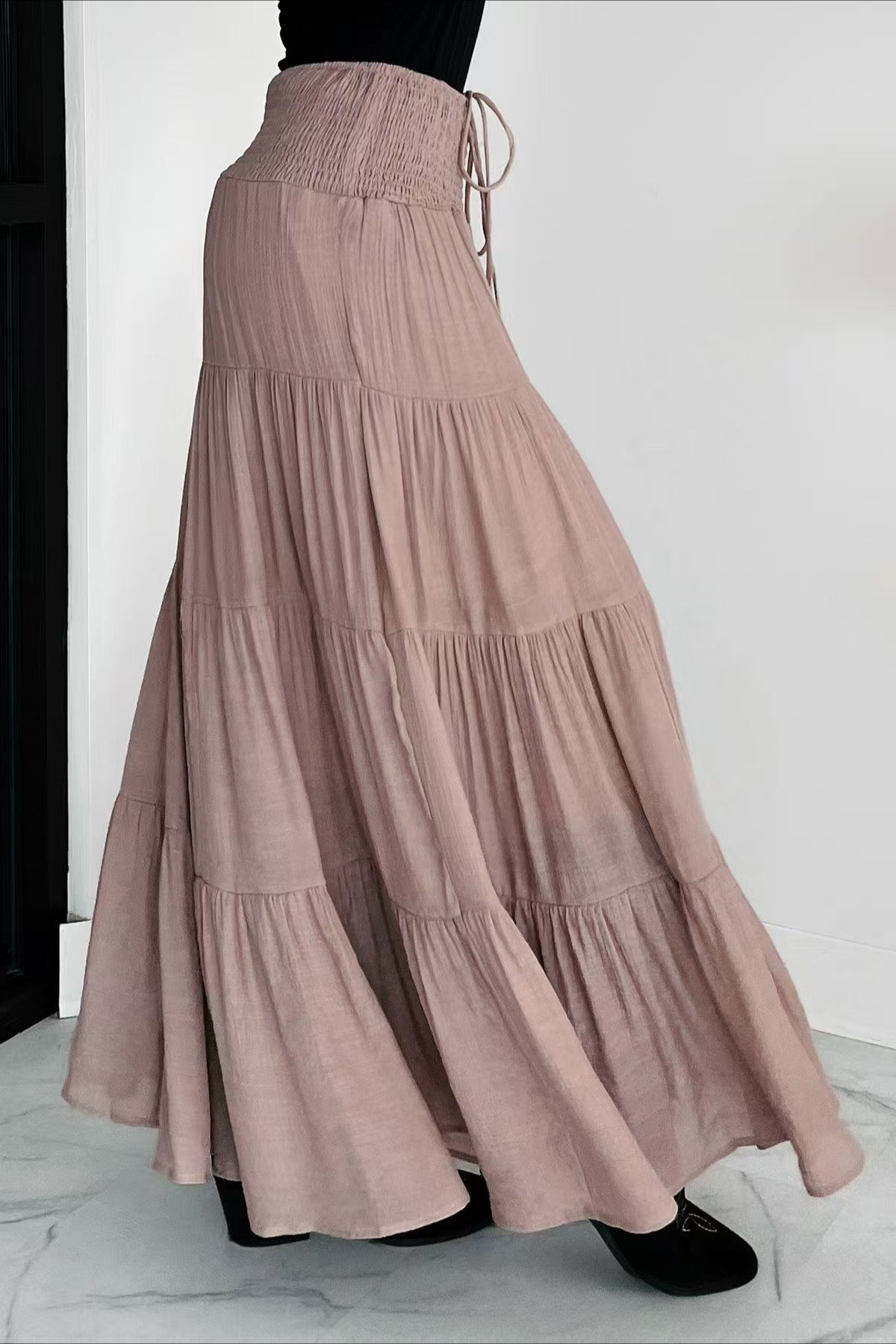 Boho Chic High Waisted Contrast Drawstring A Line Maxi Skirt
