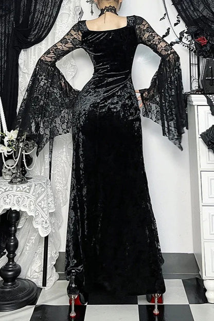 2000s Vintage Gothic Chain Lace Splicing Maxi Dress