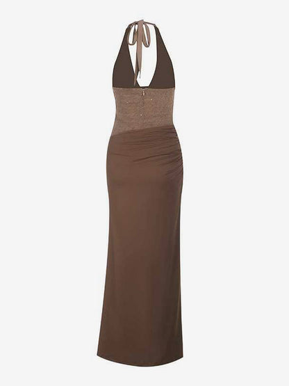 Burgundy Sequin Women Halter Maxi Dress - Elegant Ruched Bodycon Backless Mermaid Gown - Prom Party Outfit 2026