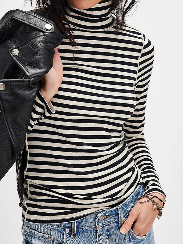 High Collar Striped Long Sleeve Tee