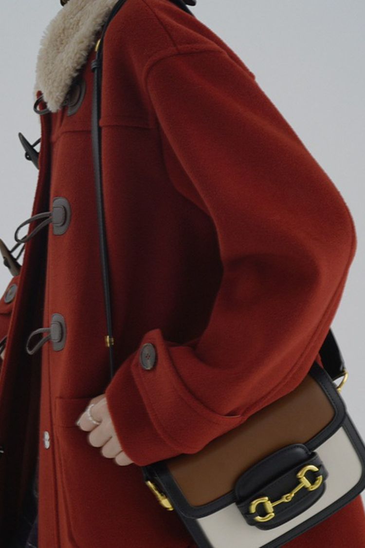 Vintage Horn Button Shearling Collar Red Overcoat