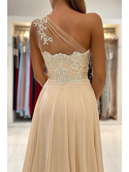 A-Line Prom Dresses Sexy Dress Formal Court Train Sleeveless One Shoulder Chiffon with Slit Appliques 2023