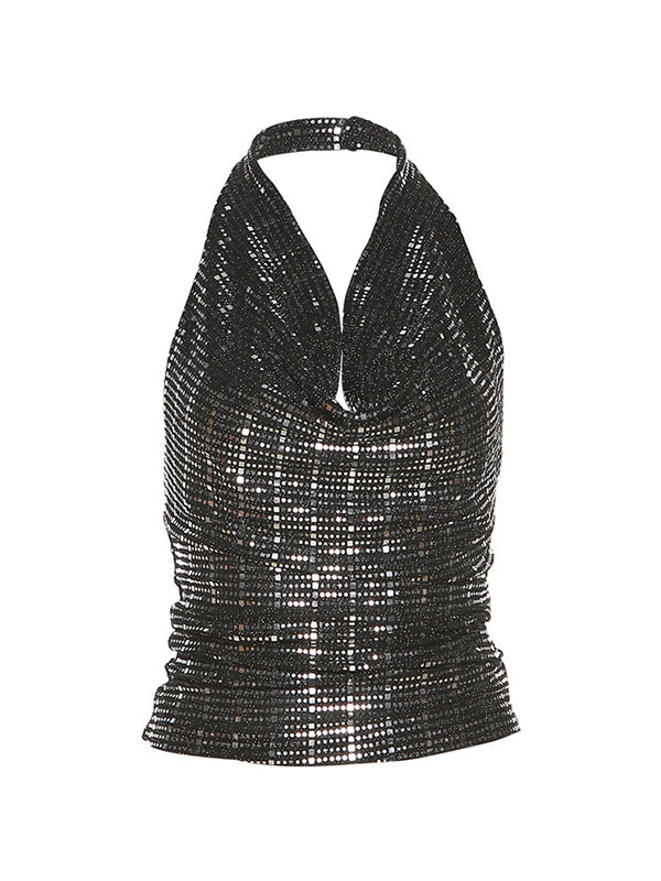 Sequin Stacked Neck Backless Halter Vest