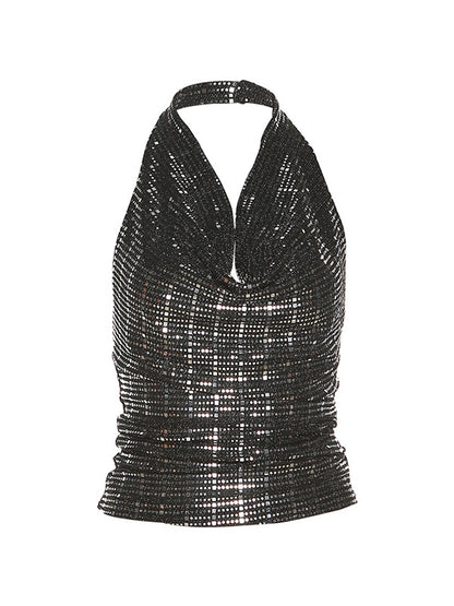 Sequin Stacked Neck Backless Halter Vest