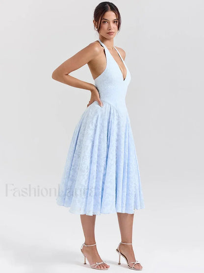 Deep V Halter Pleated Midi Dress