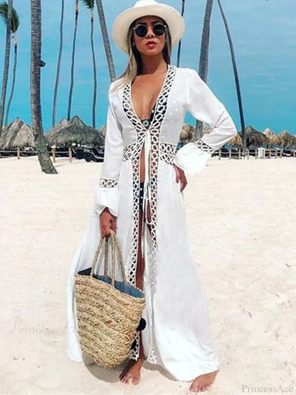 Deep V-Neck Hollow Out Bikini Cover Up