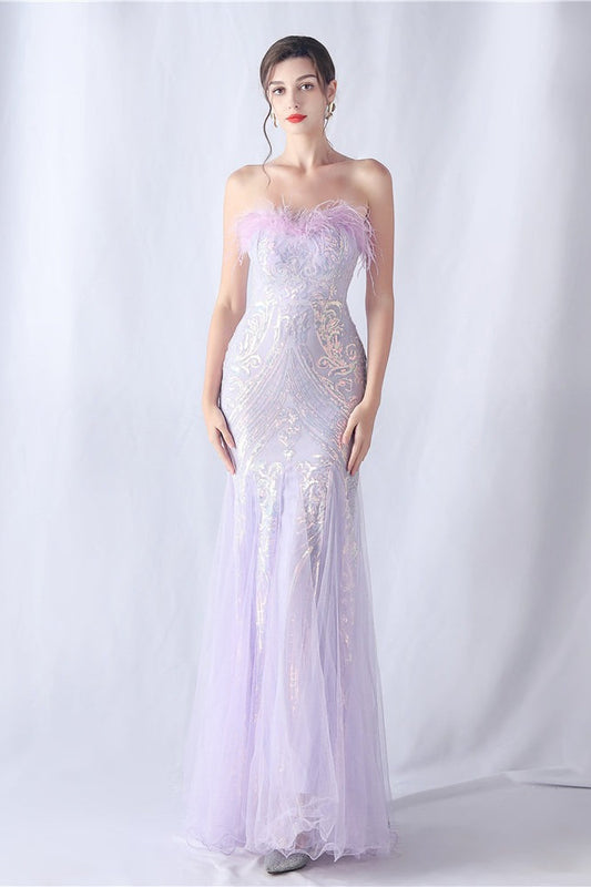 Ostrich Feather Sequin Evening Party Dress