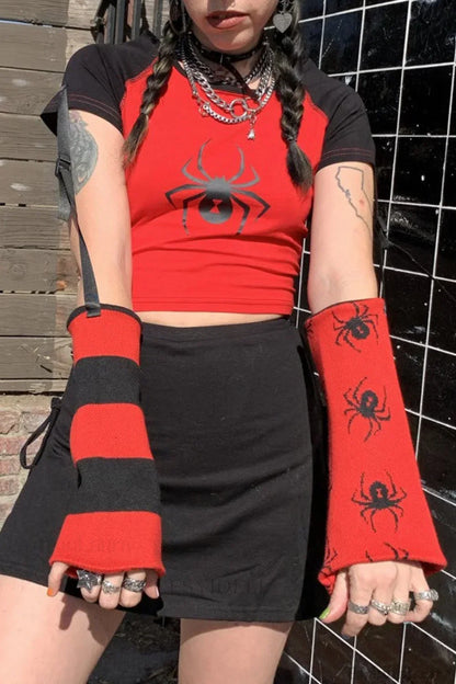 Detachable Sleeve Skull Spider Crop T-Shirt