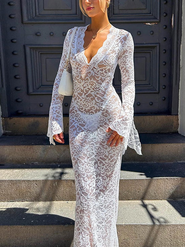Deep V Lace Pattern See-Through Slim Fit Maxi Dress