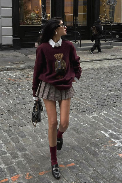 Retro Bear Embroidered Slim Knit Sweater