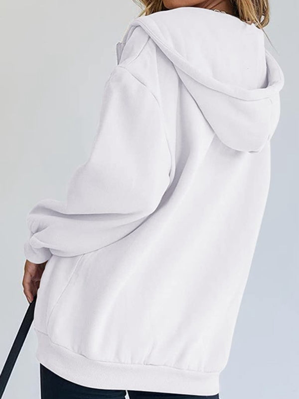 Solid Drawstring Zip Up Oversized Hoodie