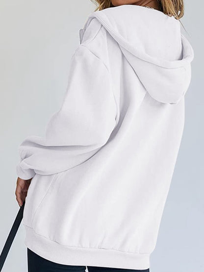 Solid Drawstring Zip Up Oversized Hoodie