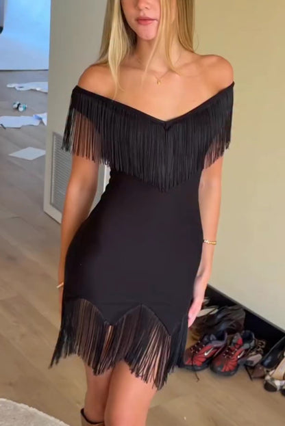Solid Color V-neck Off-shoulder Slim-fit Tassel Mini Dress