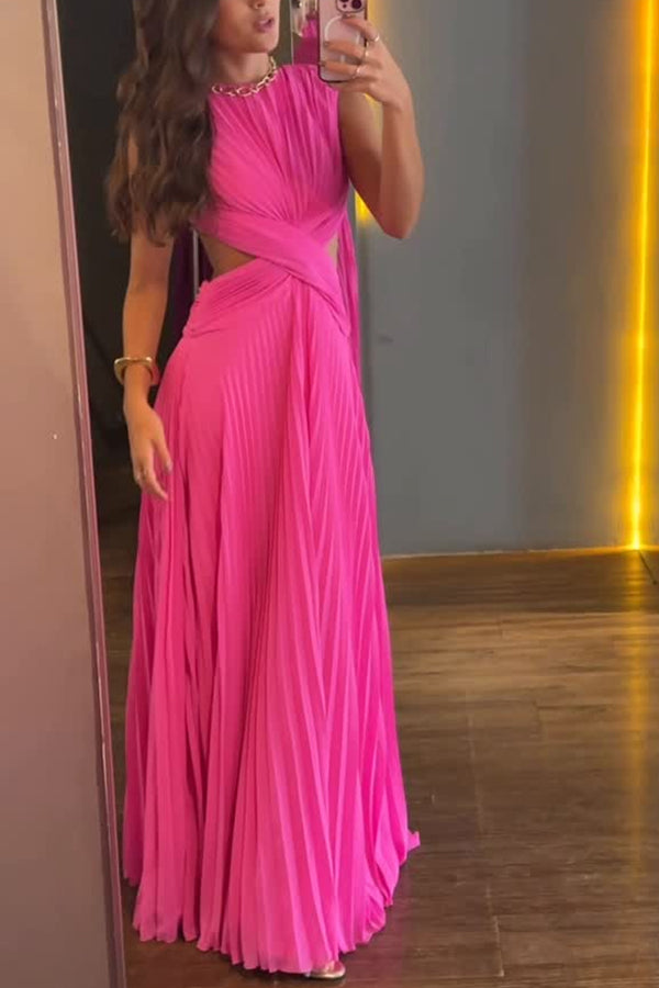 Tamia Pleated Chiffon Fabric Crossover Cutout Waist Open Back Maxi Dress