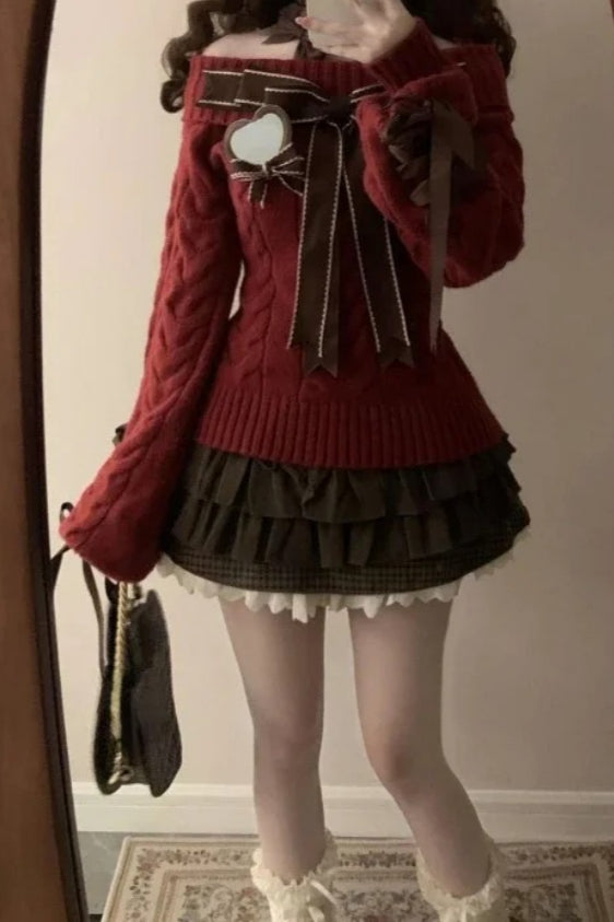 Y2K Christmas Off Shoulder Red Vintage Slim Knit Sweater