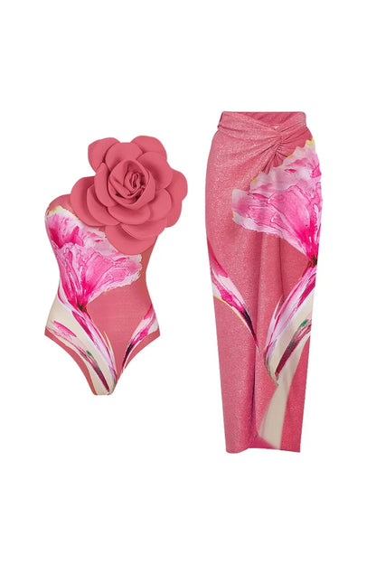 3D Floral Pink Print Swimsuit Set