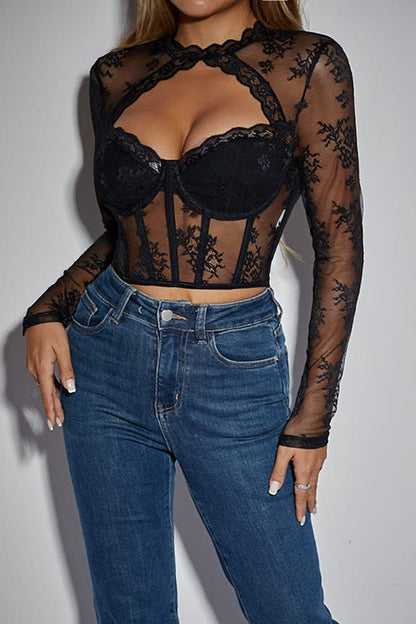 Floral Lace Cutout Long Sleeve Corset