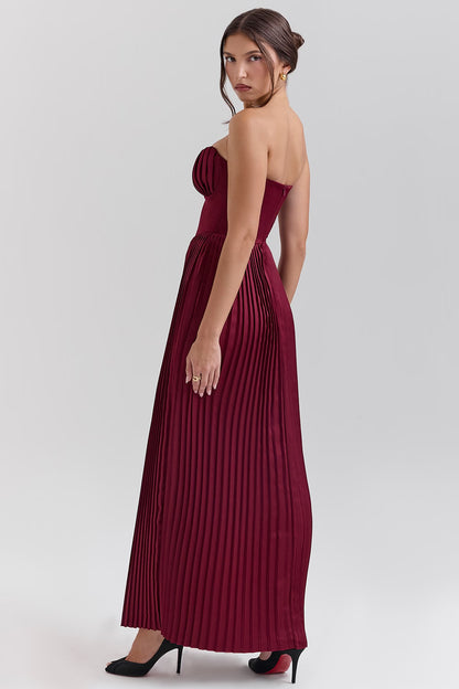 berry pleated satin maxi dress