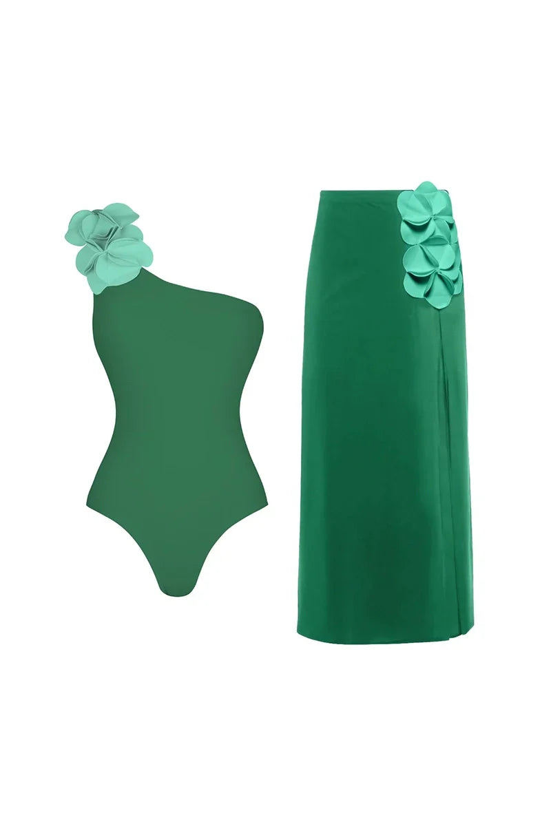 Traje de baño floral 3D de un solo hombro verde