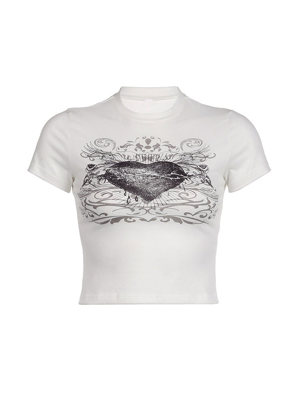 Vintage Heart Print Short Sleeves Tee