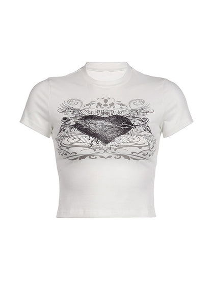 Vintage Heart Print Short Sleeves Tee