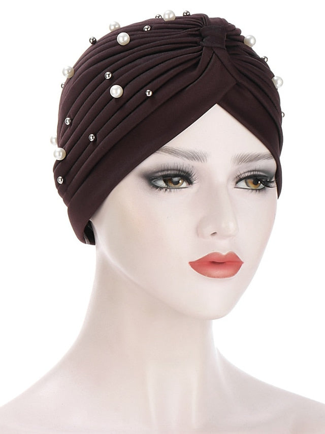 Boutique Solid Folds Pearl Muslim Turban Scarf Women Elastic Islamic Inner Hijab Caps Arab Wrap Head Femme Musulman Turbante for Women