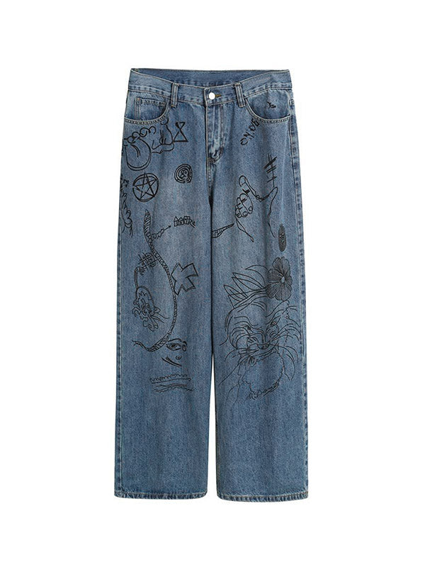 Interesting Graffiti Print Loose Boyfriend Jeans