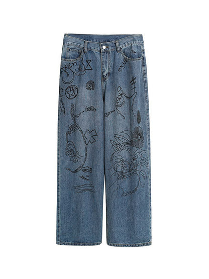 Interesting Graffiti Print Loose Boyfriend Jeans