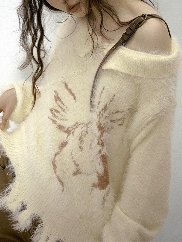 Plush Slanted Shoulder Belted Strap Tattered Hem Sweater