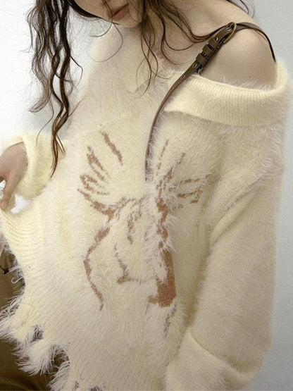 Plush Slanted Shoulder Belted Strap Tattered Hem Sweater