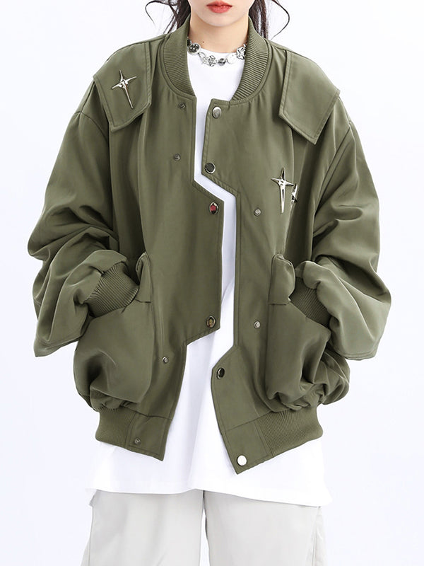 Vintage Irregular Placket Metal Star Decor Varsity Jacket
