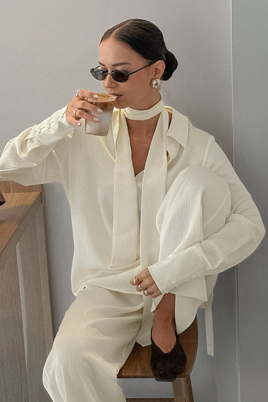 Effortless Chic Streamer Textured Shirt Pants Two Piece Set
