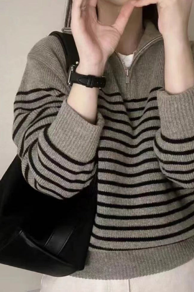 Striped Half Zip Knit Pullover Sweater