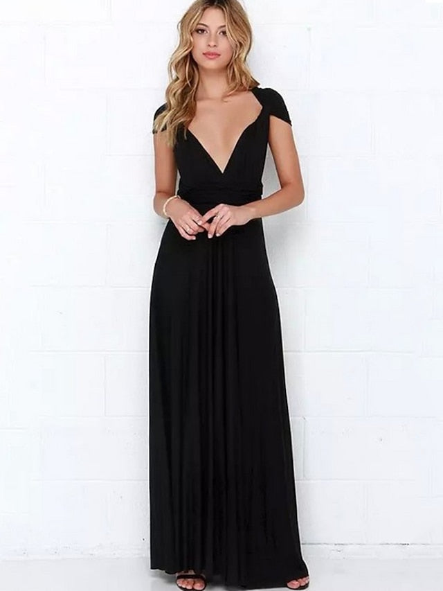 A-Line Bridesmaid Dress Halter / V Neck Sleeveless Convertible Floor Length Spandex with Sash / Ribbon / Pleats 2022