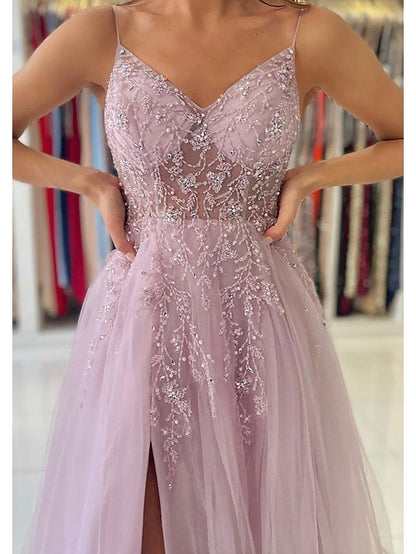 A-Line Prom Dresses Princess Dress Formal Court Train Sleeveless V Neck Tulle with Beading 2023