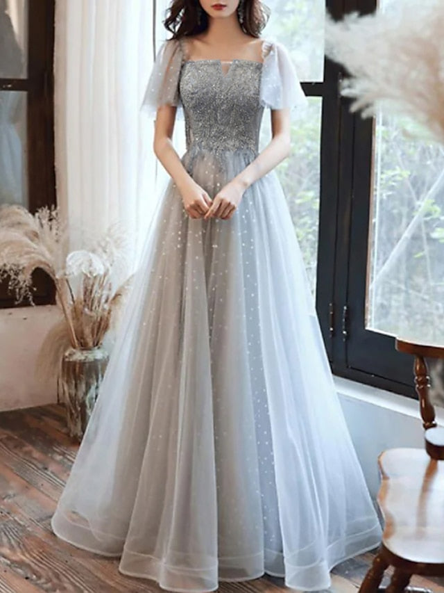 A-Line Glittering Elegant Wedding Guest Formal Evening Dress Scoop Neck Short Sleeve Floor Length Tulle with Pleats Sequin 2022