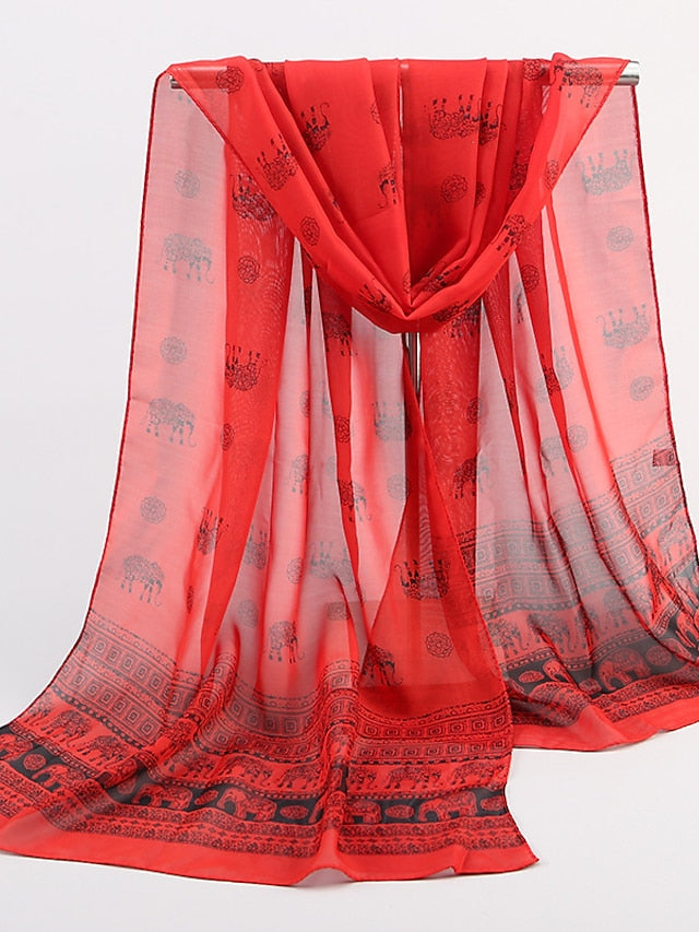 Ladies Exotic Ethnic Wind Elephant Print Chiffon Silk Scarf for Women