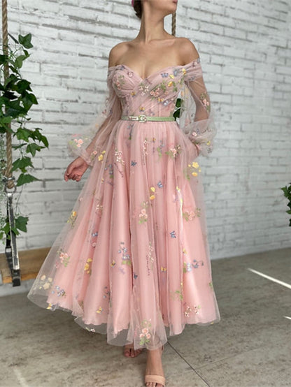 A-Line Prom Dresses Floral Dress Wedding Guest Ankle Length Long Sleeve Off Shoulder Lace with Embroidery Appliques 2023