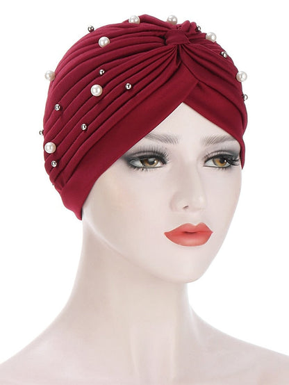 Boutique Solid Folds Pearl Muslim Turban Scarf Women Elastic Islamic Inner Hijab Caps Arab Wrap Head Femme Musulman Turbante for Women