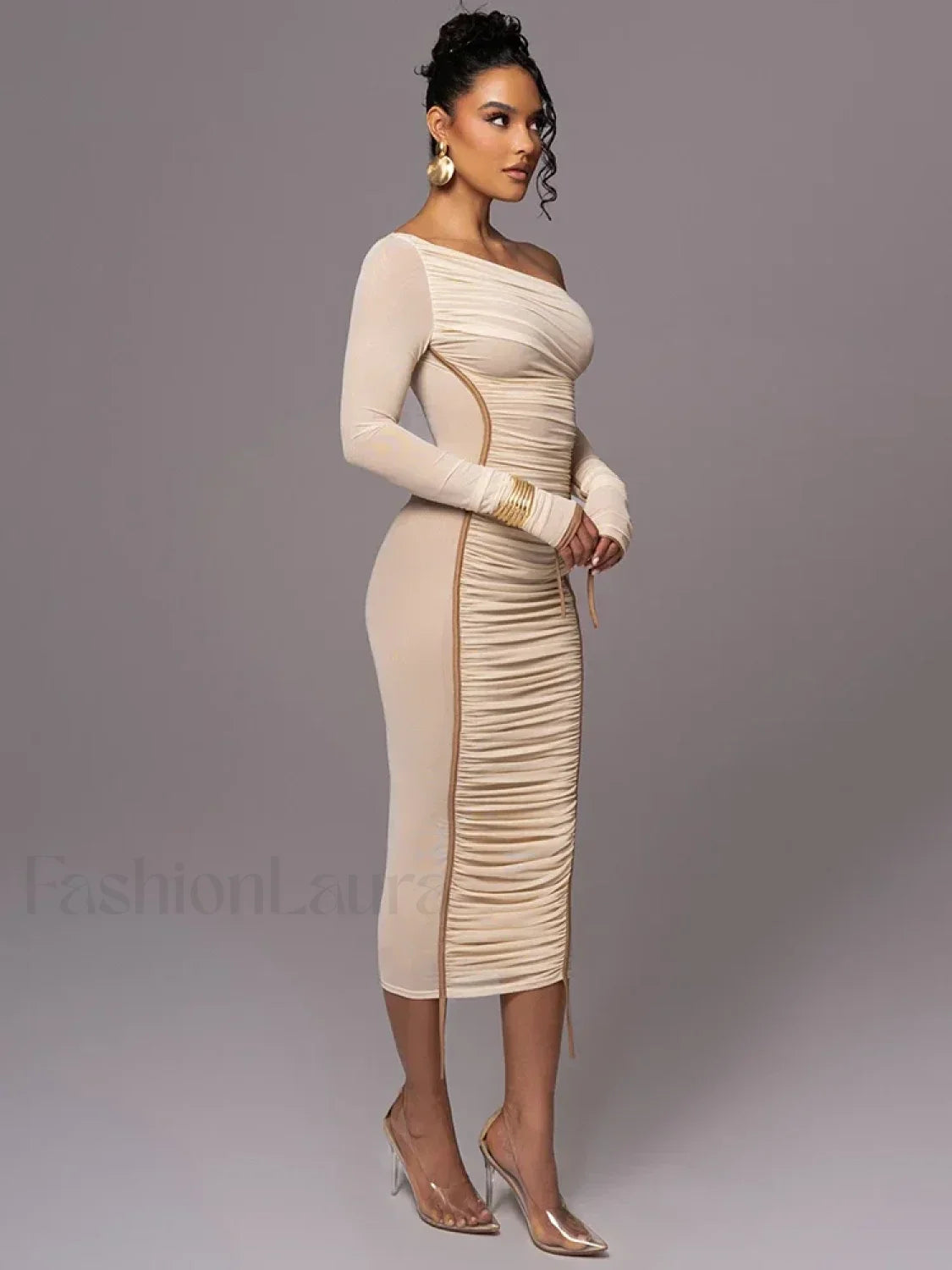 Diagonal Collar Mesh Backless Ruched Bodycon Long Midi Dress