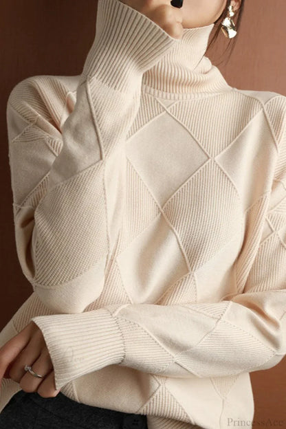 Diamond Pattern Turtleneck Loose Long-Sleeve Sweater