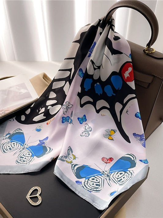 Animal Square Butterfly Scarf Women Fashion Print Neck Scarfs Office Lady Hair Band Foulard Hand Kerchief Female Bandana Shawl 70*70CM for Women