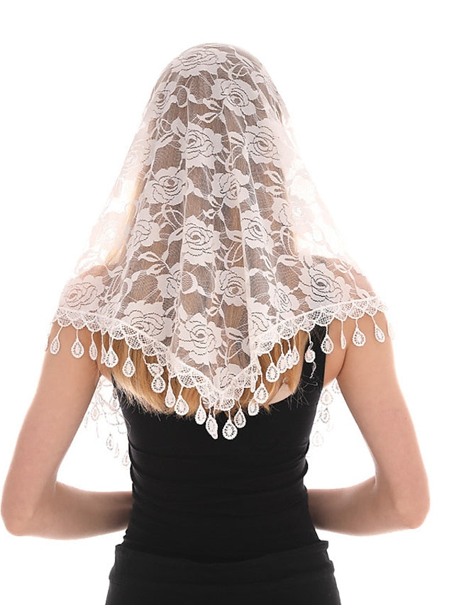 1pcs Solid Triangle Scarf for Church Shawl Catholic Church Prayer Shawl Hollow Floral Spanish Mantilla Lace Veil Wedding Cape for Women for Women