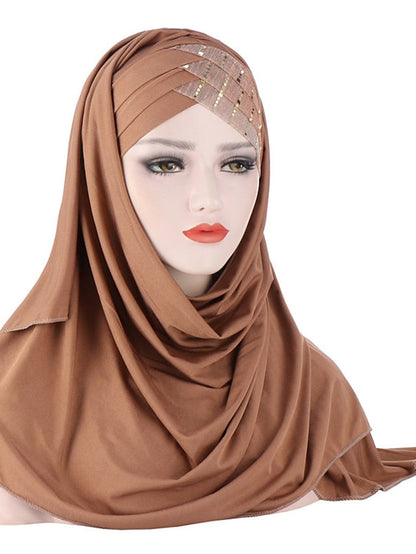 New Muslim Women Cross Soft Sleep Chemo Hat Beanie Women Soft Silk with Sequins Hijab Headwrap Headscarf Turban Hat Cap Headwear for Women